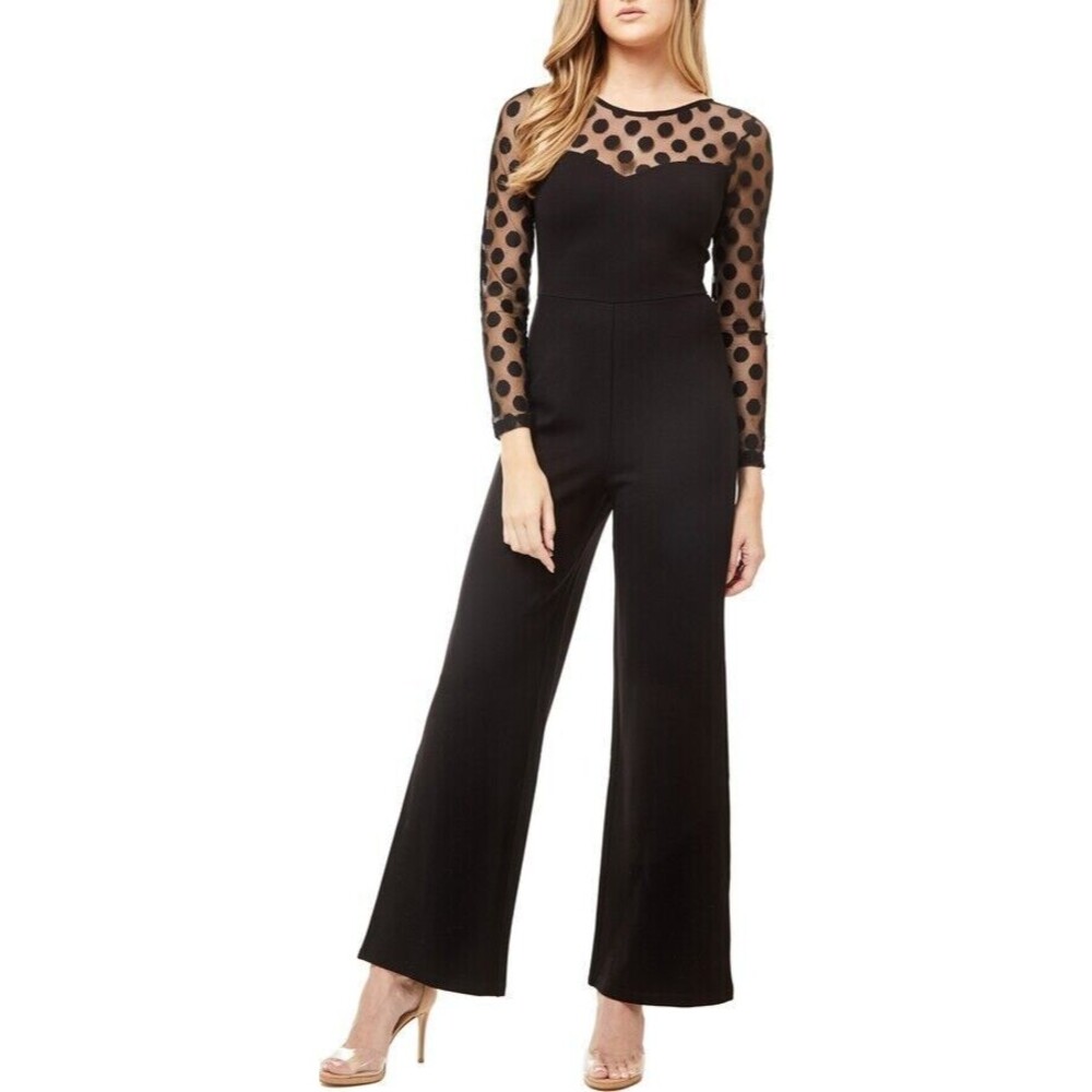 BY DESIGN Estelle Dot Mesh Jumpsuit XS Black Flared Leg Stretch Long Sleeve B56